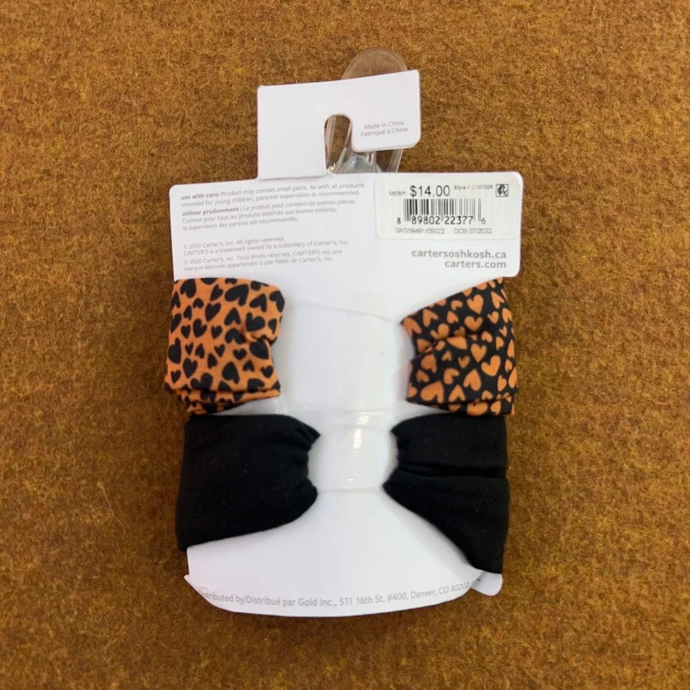 Carter's Baby 0-12M Orange Black Heart Print Turban 2-Pack Headwraps NWT